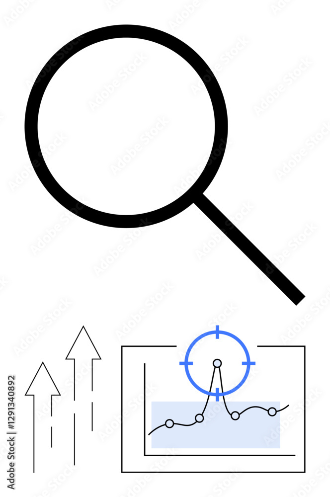 Large magnifying glass focusing on a line graph with a target point, surrounded by upward arrows. Ideal for data analysis, growth strategy, business insights, market research, performance tracking