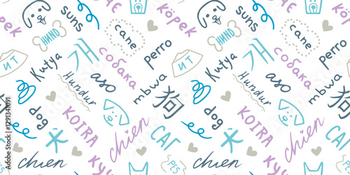 seamless pattern, word dog in russian, kazakh, italian, turkish, irish, finnish, hungarian, tajik, bulgarian, chinese, korean, japanese, philippine, swahili, german, czech, icelandic, latvian, french