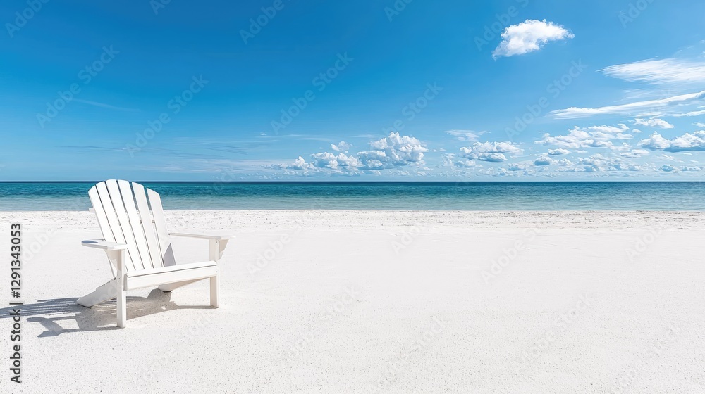Empty White Beach Chair, Pristine Sand, Tranquil Ocean, Perfect Vacation Spot, Ideal Background, Versatile Image Empty White Beach Chair, Pristine Sand, Tranquil Ocean, Perfect Vacation Spot, Ideal Background, Versatile Image