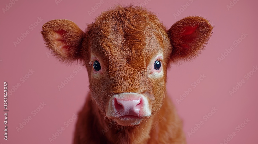 Adorable close-up portrait of a curious young calf with soft fur and expressive eyes against a pastel pink background Adorable close-up portrait of a curious young calf with soft fur and expressive eyes against a pastel pink background