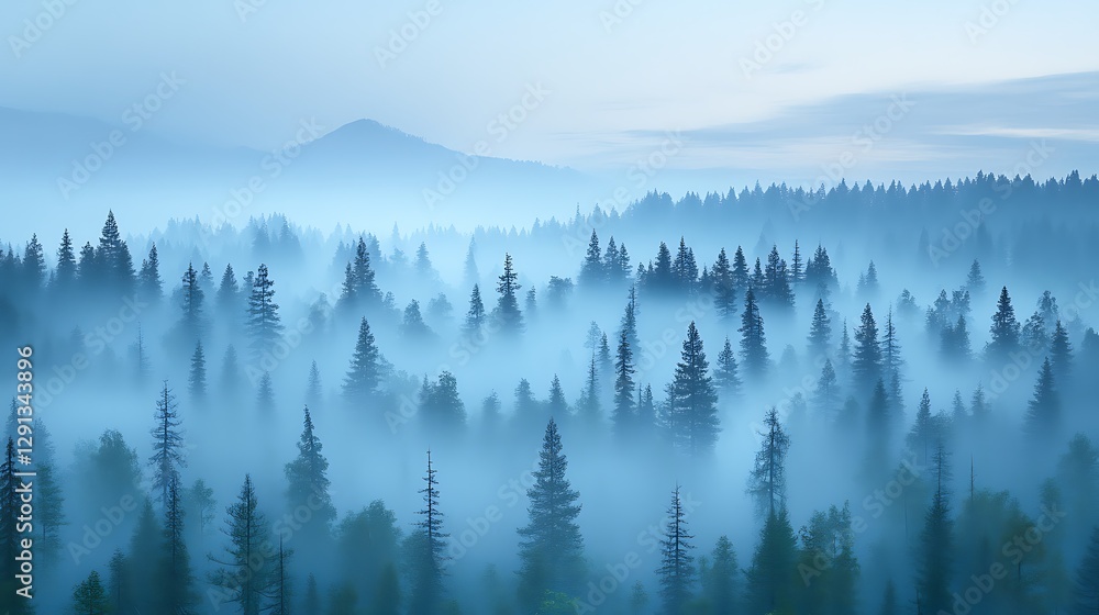 Obraz premium Thick Forest Is Covered By A Misty Blue Atmospheric Condition