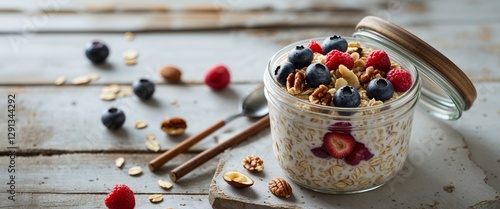 Delicious and healthy overnight oats with fresh berries and nuts in a jar on rustic table.