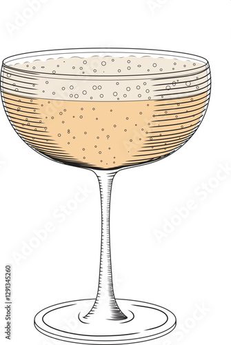 Retro champagne glass vector illustration in sketch style. Hand drawn color image of sparkling wine. Old engraving for bar and menu.
