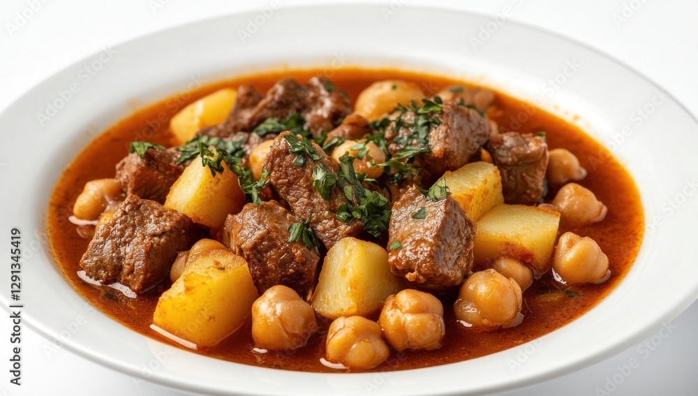 Hearty Stew: A close-up shot captures a flavorful stew served in a white bowl. The stew is a rich composition, with tender chunks of meat, golden potatoes, and chickpeas simmered in a savory sauce. Hearty Stew: A close-up shot captures a flavorful stew served in a white bowl. The stew is a rich composition, with tender chunks of meat, golden potatoes, and chickpeas simmered in a savory sauce.