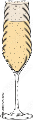Tall glass with champagne vector illustration in sketch style. Sparkling wine or prosecco colored hand drawn image. Old engraving for bar and menu.
