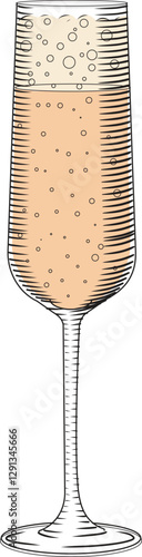 Tall glass with champagne vector illustration in sketch style. Sparkling wine or prosecco colored hand drawn image. Old engraving for bar and menu.