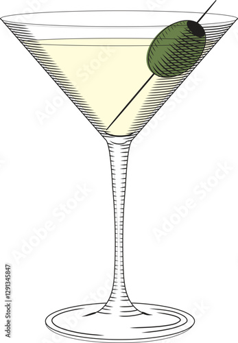 Martini glass with olive vector illustration in sketch style. Cocktail colored with vermouth black and white image. Old engraving of aperitif for bar and menu.