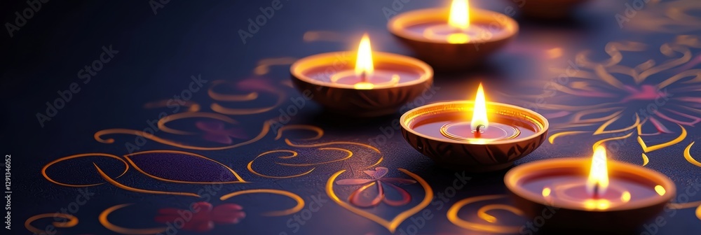 Fototapeta premium 3d background minimalistic mockup with space for text, tiny diya candles illuminating a festive rangoli pattern