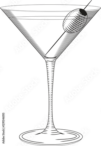 Martini glass with olive vector illustration in sketch style. Cocktail with vermouth black and white image. Old engraving of aperitif for bar and menu.