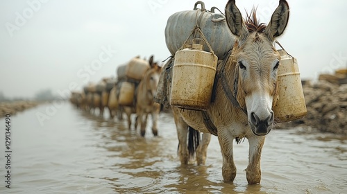 A resilient donkey carrying water containers through a flooded landscape, showcasing the vital role of animals in rural economies.