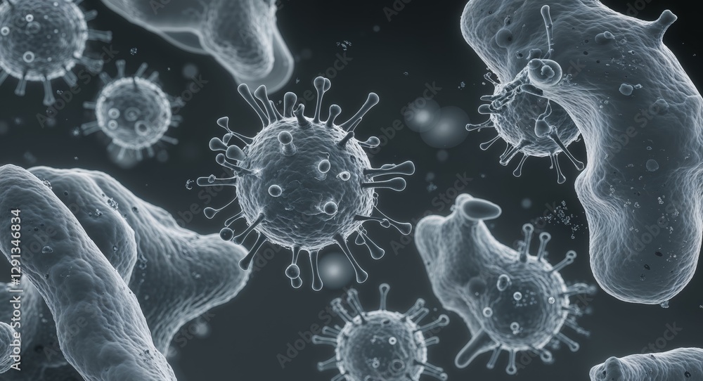 Obraz premium Microscopic view of virus particles infecting bacterial cells