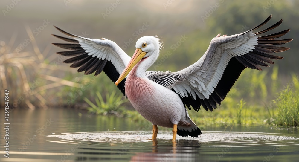 Fototapeta premium Majestic Dalmatian Pelican with Wings Extended Over Calm Water in Natural Wetland Habitat - Perfect for Bird Lovers and Wildlife Enthusiasts