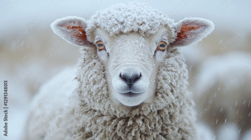 A fluffy sheep covered in snow poses warmly amidst a winter landscape, showcasing its soft wool and beautiful eyes.