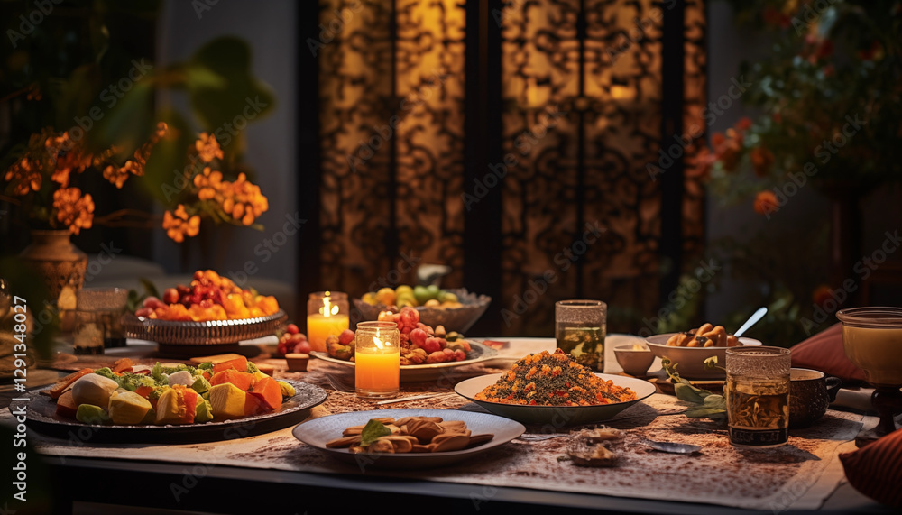 Fototapeta premium Candlelit Dinner Table with Middle Eastern Cuisine