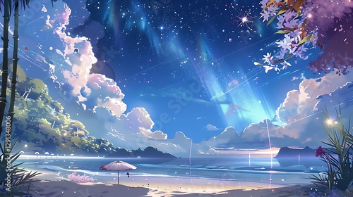 Beautiful Blue Skies with Nature, Bright Moon ,Cloud ,Beach scenery, Tree, night -Anime concept Background