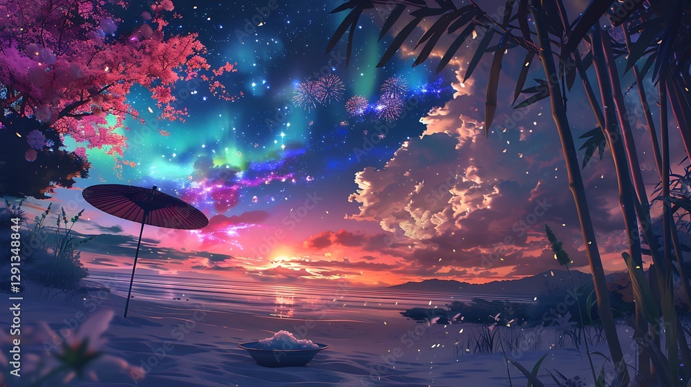 Obraz premium Beautiful Blue Skies with Nature, Bright Moon ,Cloud ,Beach scenery, Tree, night -Anime concept Background