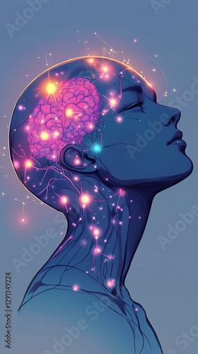 Illustrative representation of a person in deep thought, showcasing a colorful brain filled with energy and ideas.