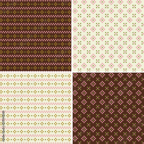 cross stitch seamless stripe pattern with pink green brown