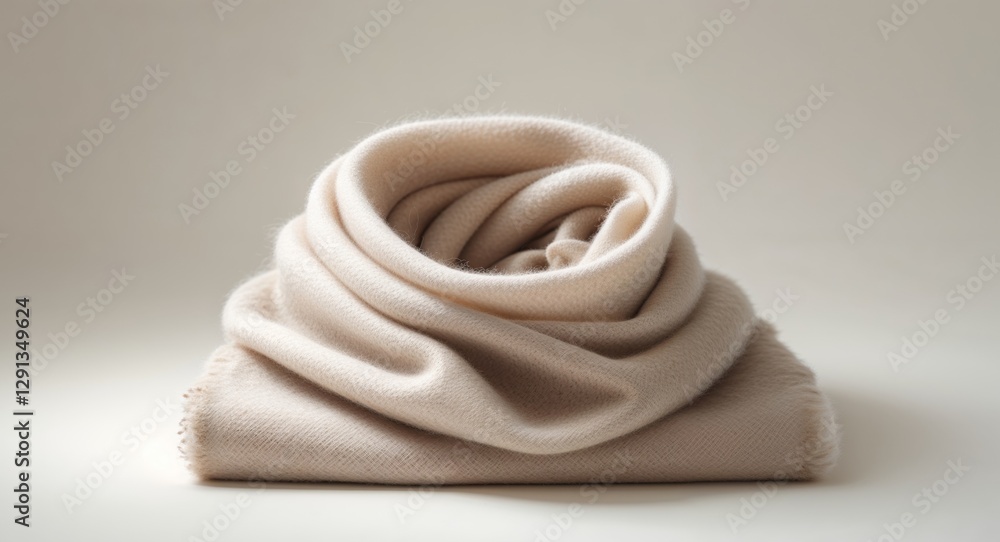 Soft beige wool scarf folded neatly on a light background for winter fashion enhancement. Soft beige wool scarf folded neatly on a light background for winter fashion enhancement.