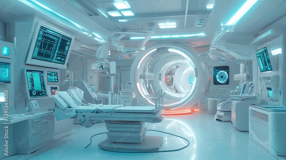 A futuristic hospital technology hub with smart medical monitors, bright sterile lighting, and white high-tech design. A futuristic hospital technology hub with smart medical monitors, bright sterile lighting, and white high-tech design.