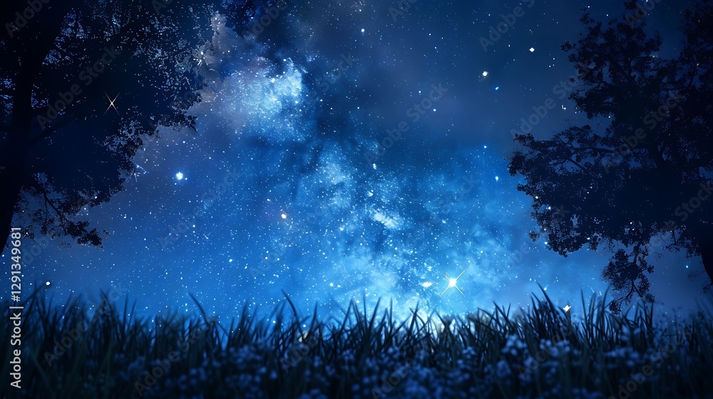 Fototapeta premium Beautiful Blue Skies with Nature, Bright Moon ,Cloud ,Beach scenery, Tree, night -Anime concept Background