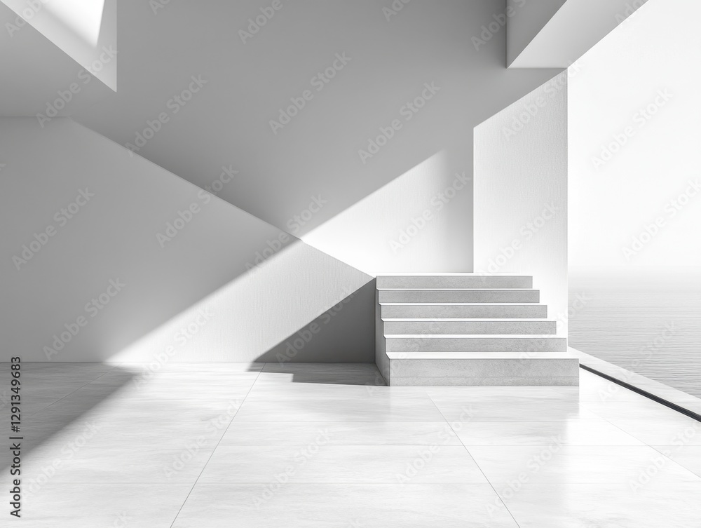 Obraz premium Spacious white room with elegant stairs and smooth white walls creating a serene ambiance