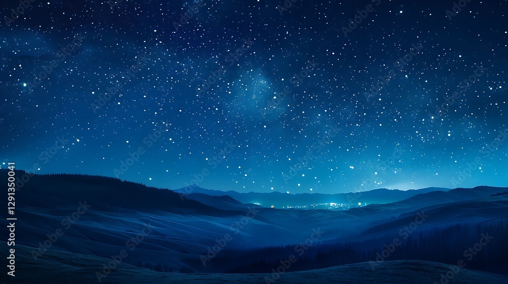 Naklejka premium Beautiful Blue Skies with Nature, Bright Moon ,Cloud ,Beach scenery, Tree, night -Anime concept Background