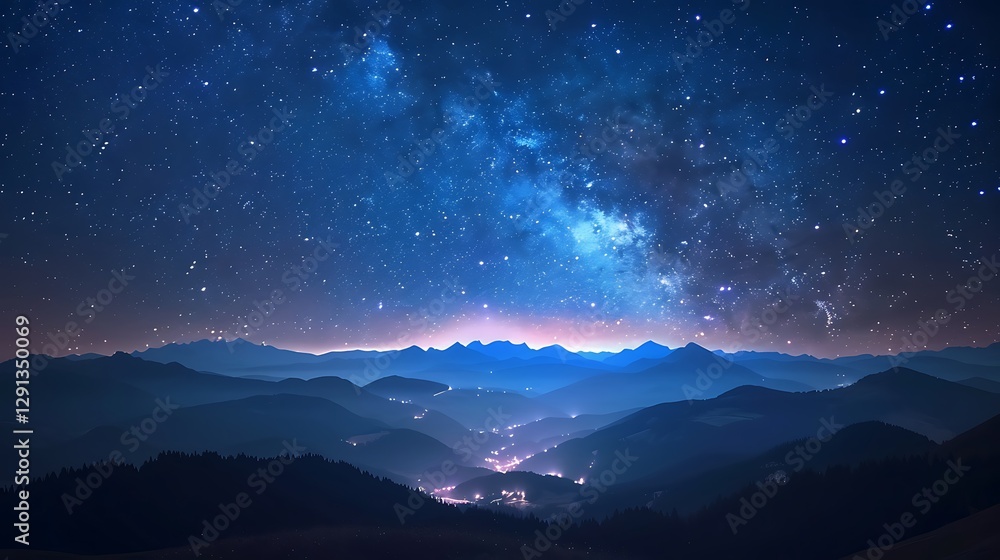 Fototapeta premium Beautiful Blue Skies with Nature, Bright Moon ,Cloud ,Beach scenery, Tree, night -Anime concept Background