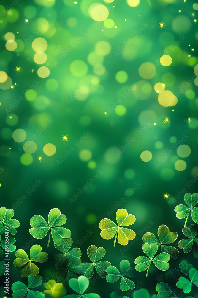 vertical banner, St. Patrick's Day, scattering of clover leaves, abstract bright green background, bokeh effect, shine and radiance, copy space, free space for text vertical banner, St. Patrick's Day, scattering of clover leaves, abstract bright green background, bokeh effect, shine and radiance, copy space, free space for text