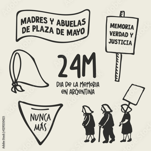 24M editable, 24 de Marzo dia de la memoria, verdad y justicia en Argentina, doodles, iconos, marcha, manifestacion