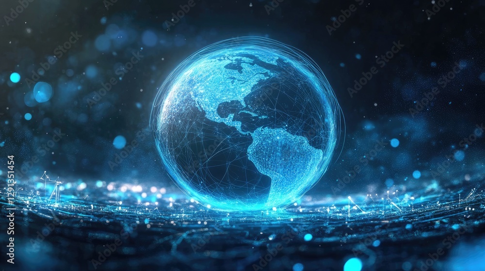 Obraz premium A holographic Earth projection spinning in a futuristic research lab with blue glowing lights.
