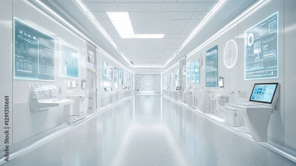 Obraz premium A medical research center with bright white walls, digital displays, and futuristic diagnostic stations.