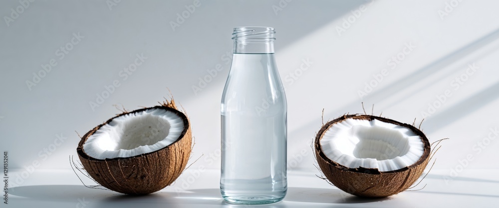Fresh Coconut Water Bottle with Halved Coconuts Tropical Drink. Fresh Coconut Water Bottle with Halved Coconuts Tropical Drink.
