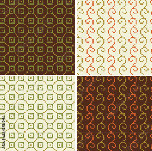 cross stitch seamless wave patterns orange green brown