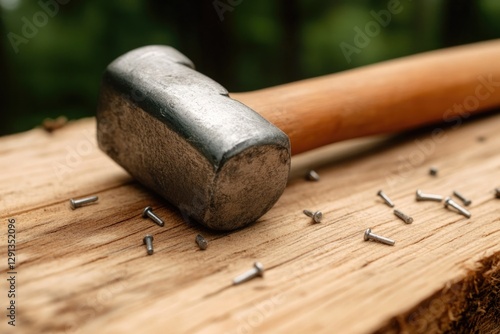 Heavy hammer resting on wooden surface surrounded by scattered n