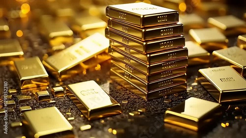 A collection of gold bars stacked on a reflective surface with scattered gold particles.