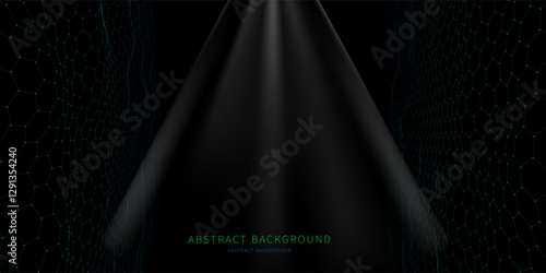 Abstract  background  hexagonal wavy grids with spot on black. Technology concept virtual  data.  Banner for business, science and technology data analytics. Big Data.