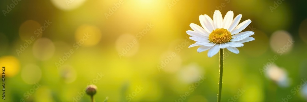 Fototapeta premium A delicate white chamomile flower blooms in the sun, peaceful atmosphere, chamomile, meadow