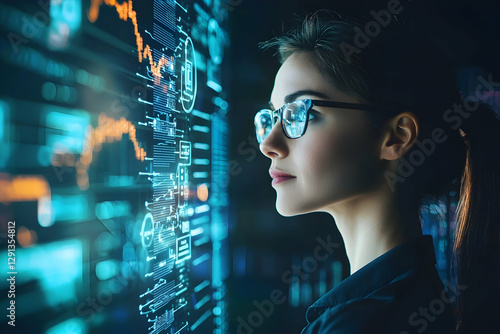 Profile of data-driven business woman in technology environment