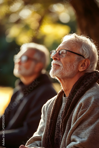 Elderly friends meditating outdoors, serene expressions of well-being