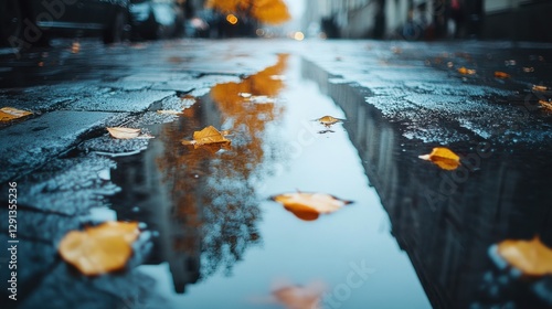 A vibrant puddle of water reflecting the cityscape on a rainy day in an urban environment