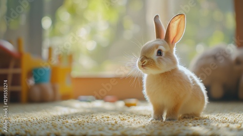 Adorable small white rabbit sitting on a plush carpet, exuding charm and innocence in a cozy home setting