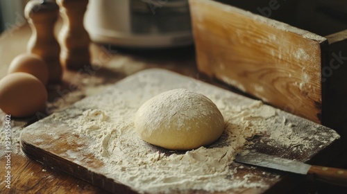 Freshly prepared ball of dough resting on a wooden cutting board in a cozy kitchen environment