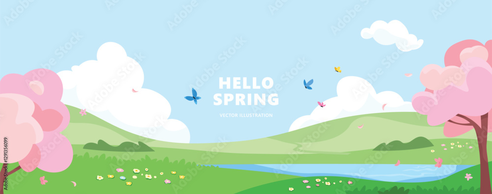 Spring landscape with cherry trees, flowers and clouds vector background. Spring landscape with cherry trees, flowers and clouds vector background.