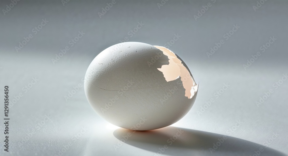 A single egg with a cracked shell sitting on a clean white surface. A single egg with a cracked shell sitting on a clean white surface.