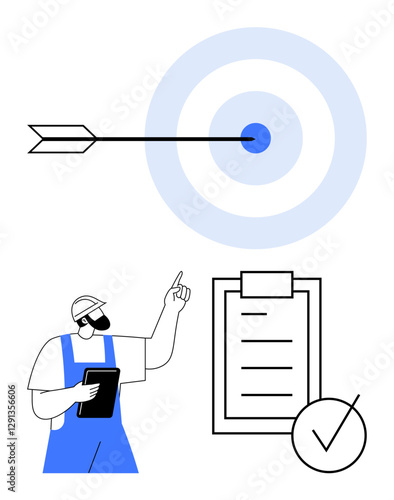 Worker in uniform points toward a checklist with a tick mark. Arrow lands in a bullseye target. Ideal for productivity, planning, goals, focus, accuracy, quality control, abstract line flat metaphor