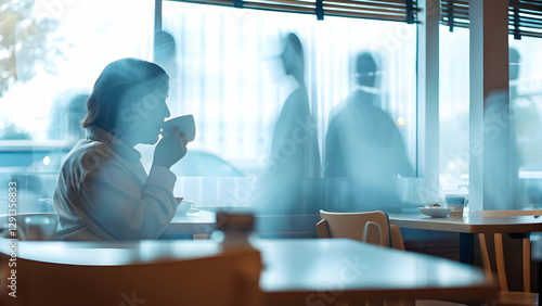 Sipping Tea in an Abandoned Cafe: Ghosts of Old Laughter Swirl as Future Plans Hum Overhead, Merging Moments into a Gentle Evolving Timescape - A Photo Stock Concept with Empty Space photo