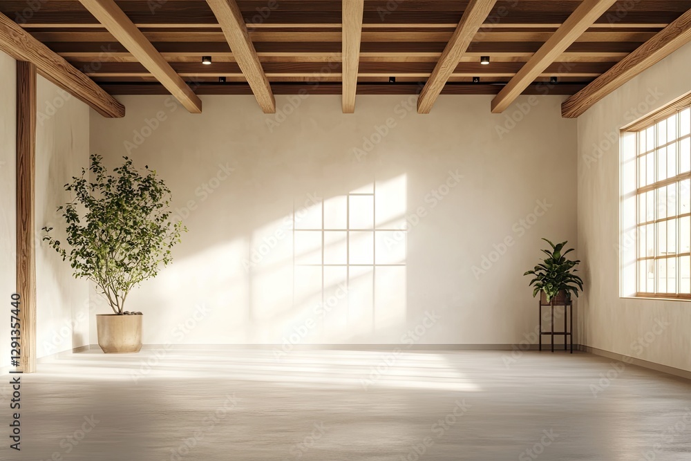 Fototapeta premium Empty sunlit room with wooden beams