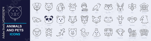 Animals and Pets Outline Vector Icon Collection. A set of outline icons related to Dog, Cat, Tiger, Monkey, Veterinarian, Animal Care, Fish and more. Editable stroke. Vector illustration