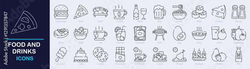 Food and Drink Outline Vector Icon Collection. A set of outline icons related to Restaurant, Menu, Fast Food, Pizza, Breakfast, Fruits, Burger, Coffee and more. Editable stroke. Vector illustration